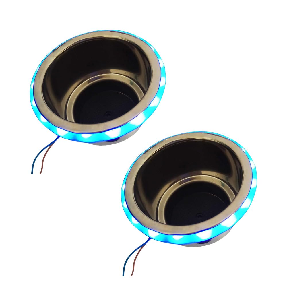 Marine City Stainless Steel Blue LED Ring Cup Holder with Center Drain (2 Pcs) Marine City Hardware