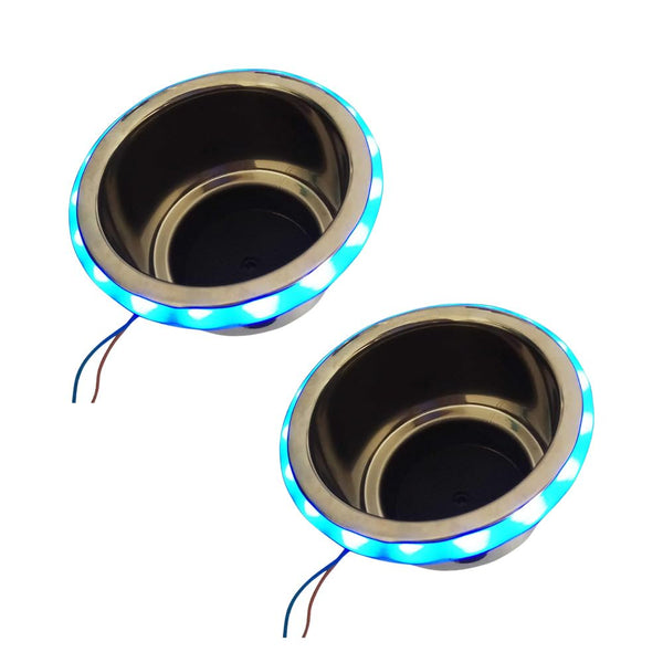 Marine City Stainless Steel Blue LED Ring Cup Holder with Center Drain (2 Pcs)