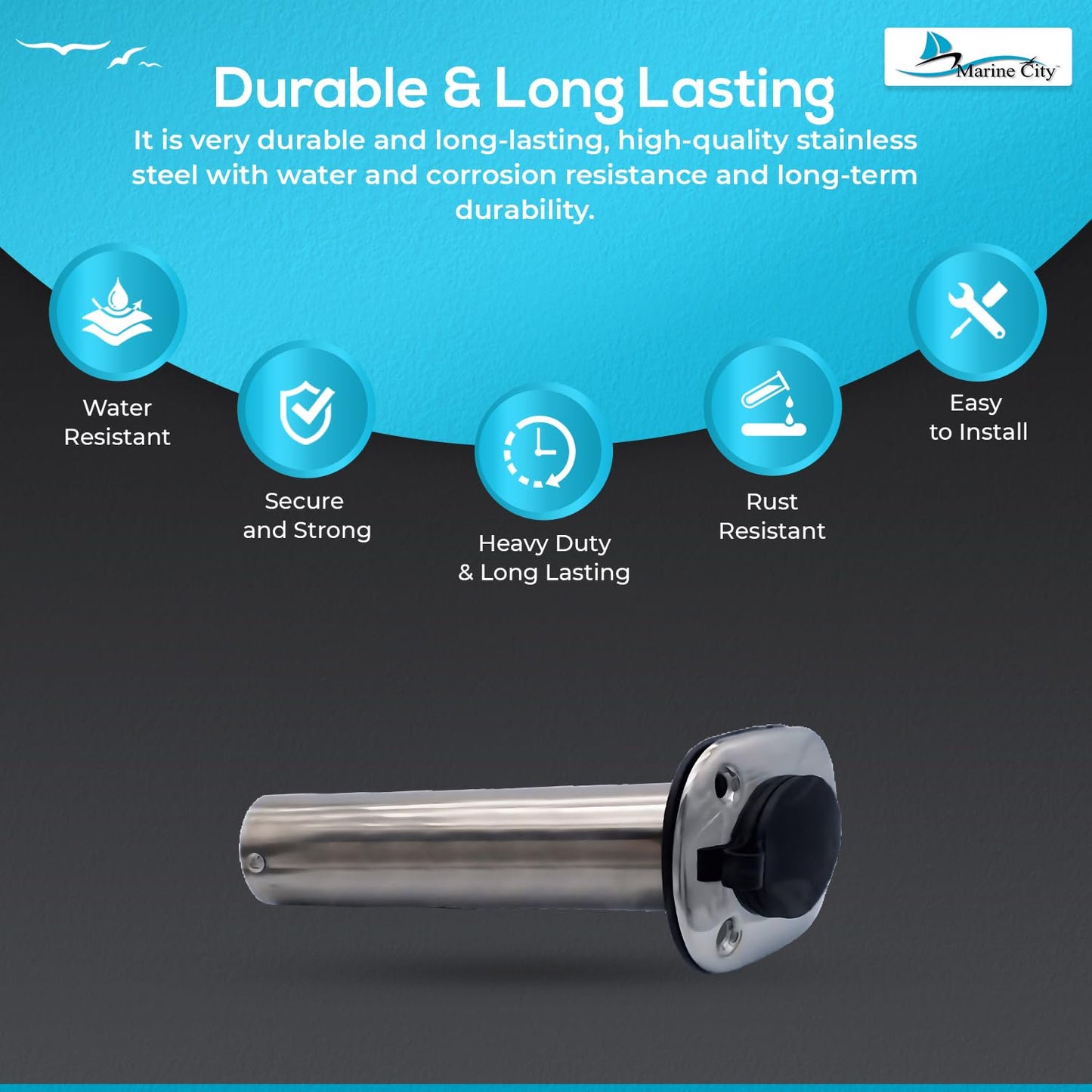 Marine City Fishing Rod Holder Heavy Duty Cast Stainless Steel, 30° Flange Angle