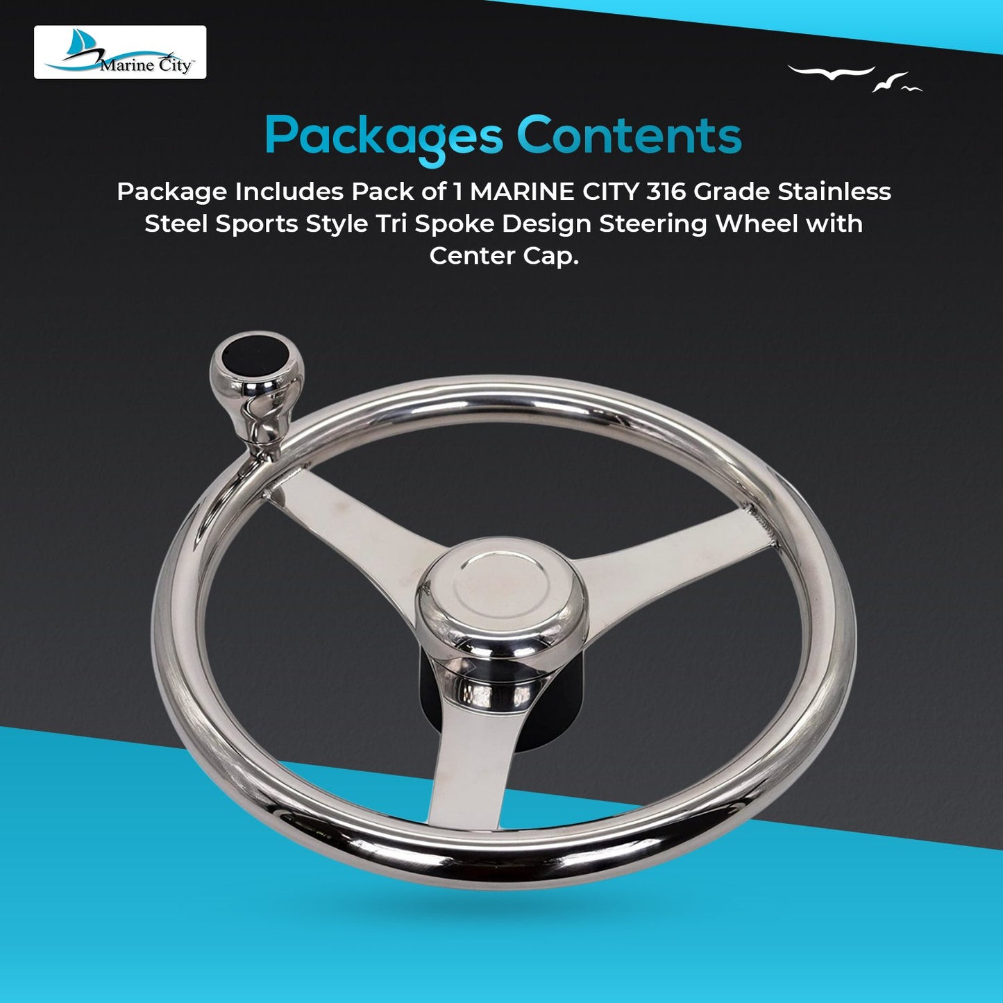 Marine City 13.5” 316 Stainless Steel 3-Spoke Sports Steering Wheel with Knob
