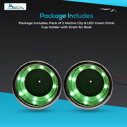 Marine City Portavasos de acero inoxidable con 8 LED, color verde, con drenaje para barco, RV, mesa de póquer, encimera, tablero