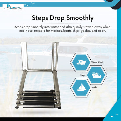 Marine City Escalera de acero inoxidable de 4 escalones Escalera telescópica de embarque sobre plataforma de acero inoxidable Escalera telescópica con asa para barco, yate