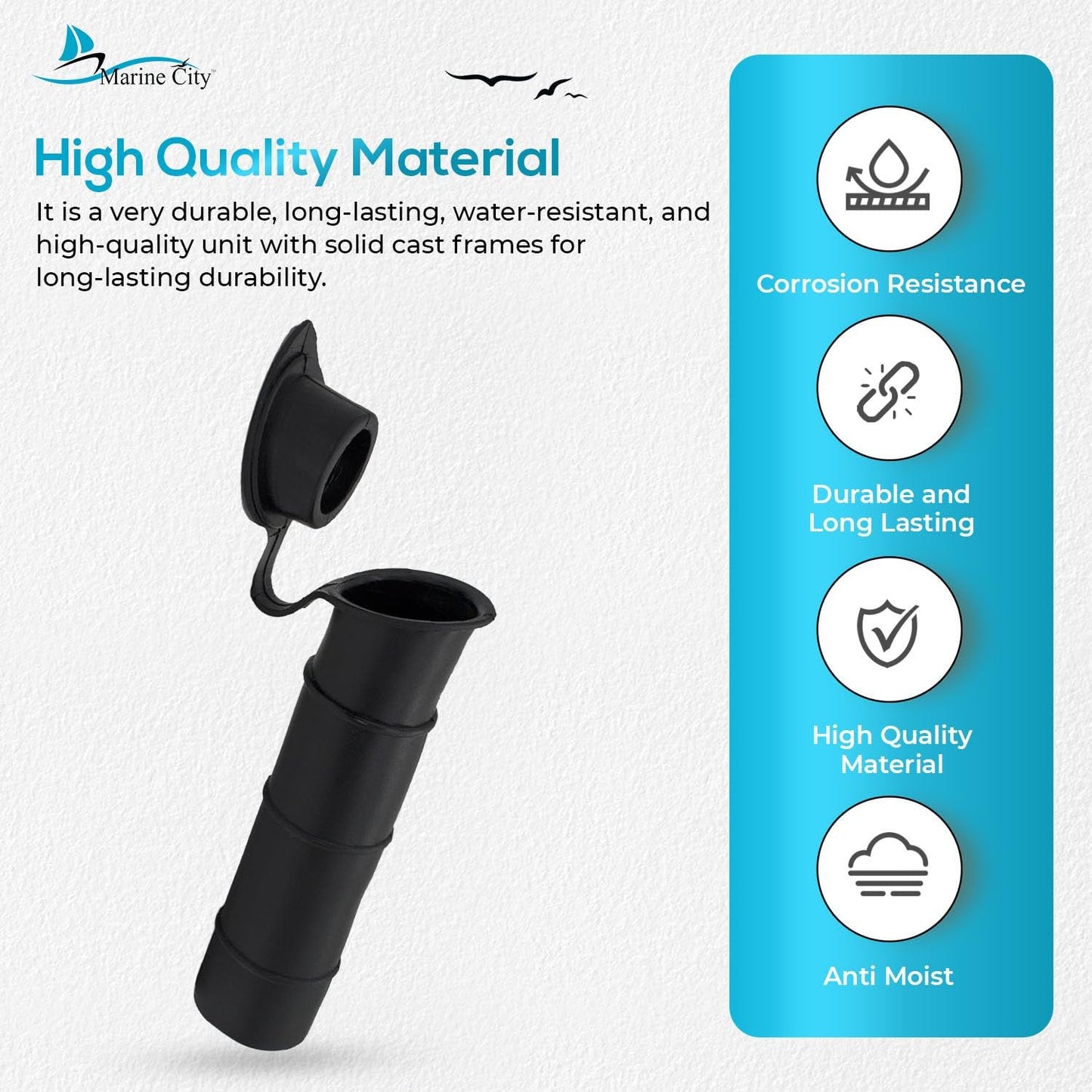 Marine City Black PVC Rod Holder with Cover – 6-7/8” Injection Molded Rod Holder MARINE CITY