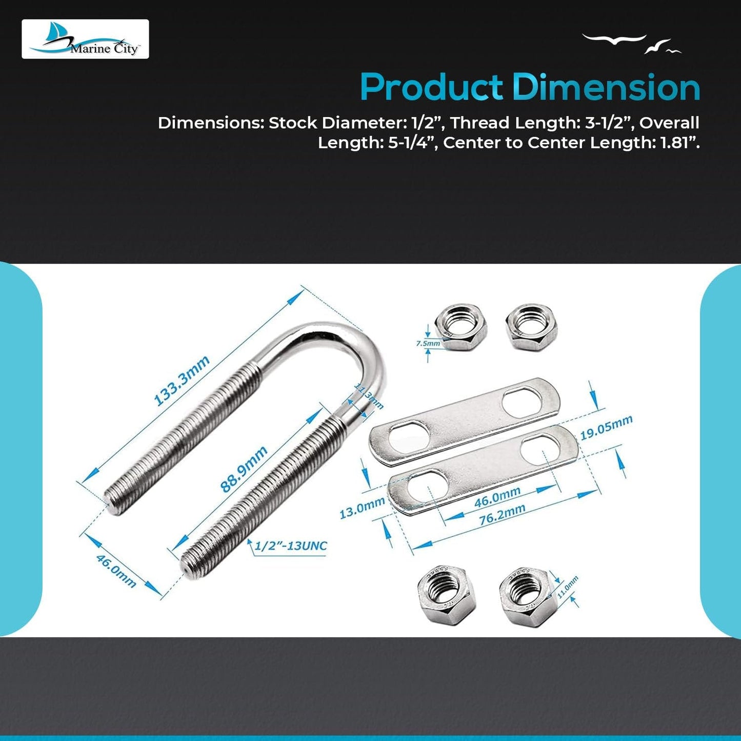 Marine City Bow Eye Tie-Down U-Bolt – 1/2” 304 Stainless Steel, 5-1/4” Length Marine City Hardware
