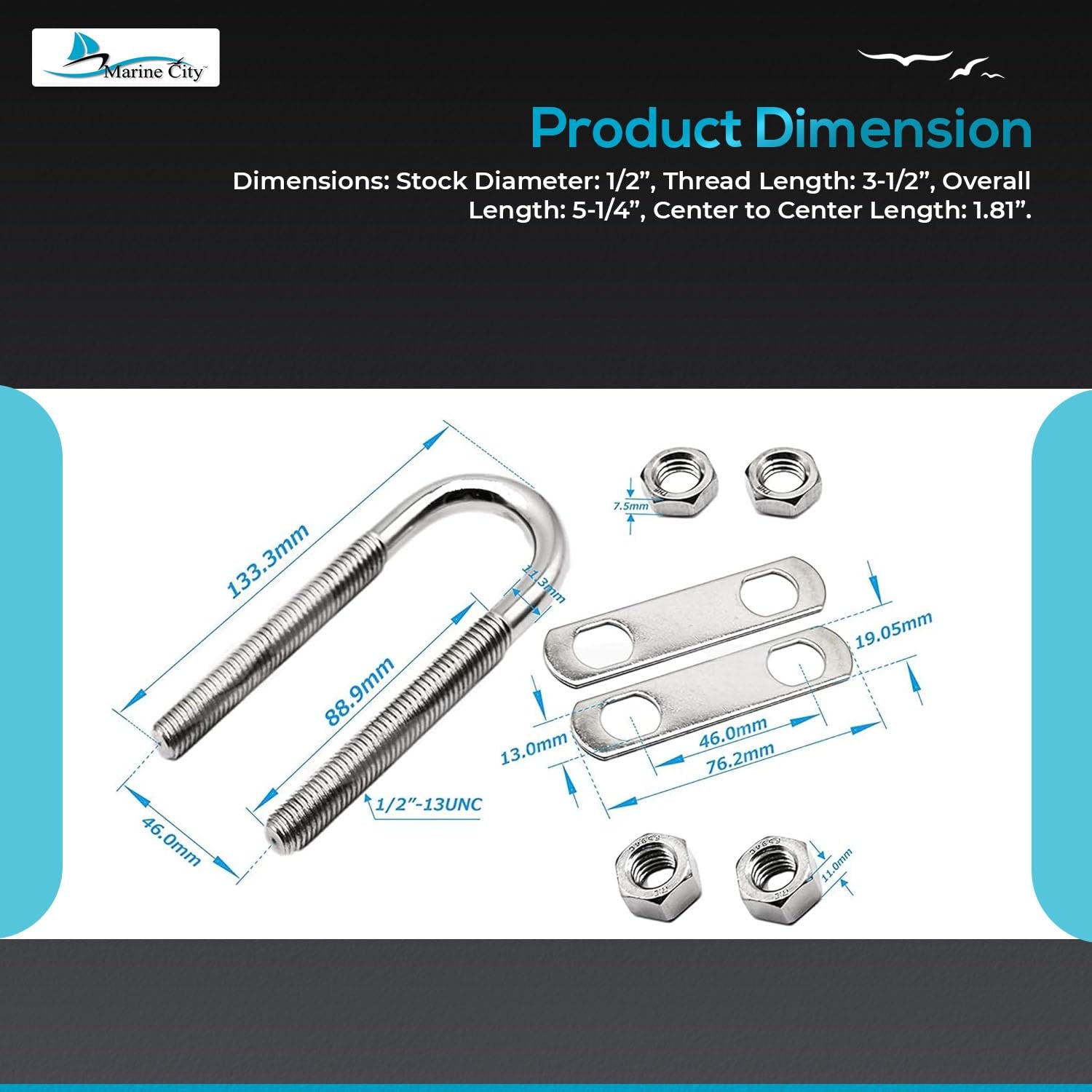 Marine City Bow Eye Tie-Down U-Bolt – 1/2” 304 Stainless Steel, 5-1/4” Length Marine City Hardware