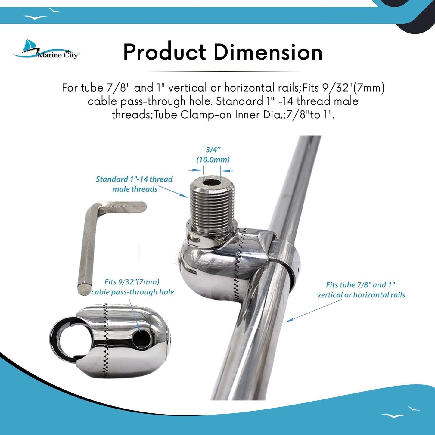 Marine City Soporte de riel de trinquete para antena de acero inoxidable 316 con soporte con orificio para roscas macho estándar de 1 "-14