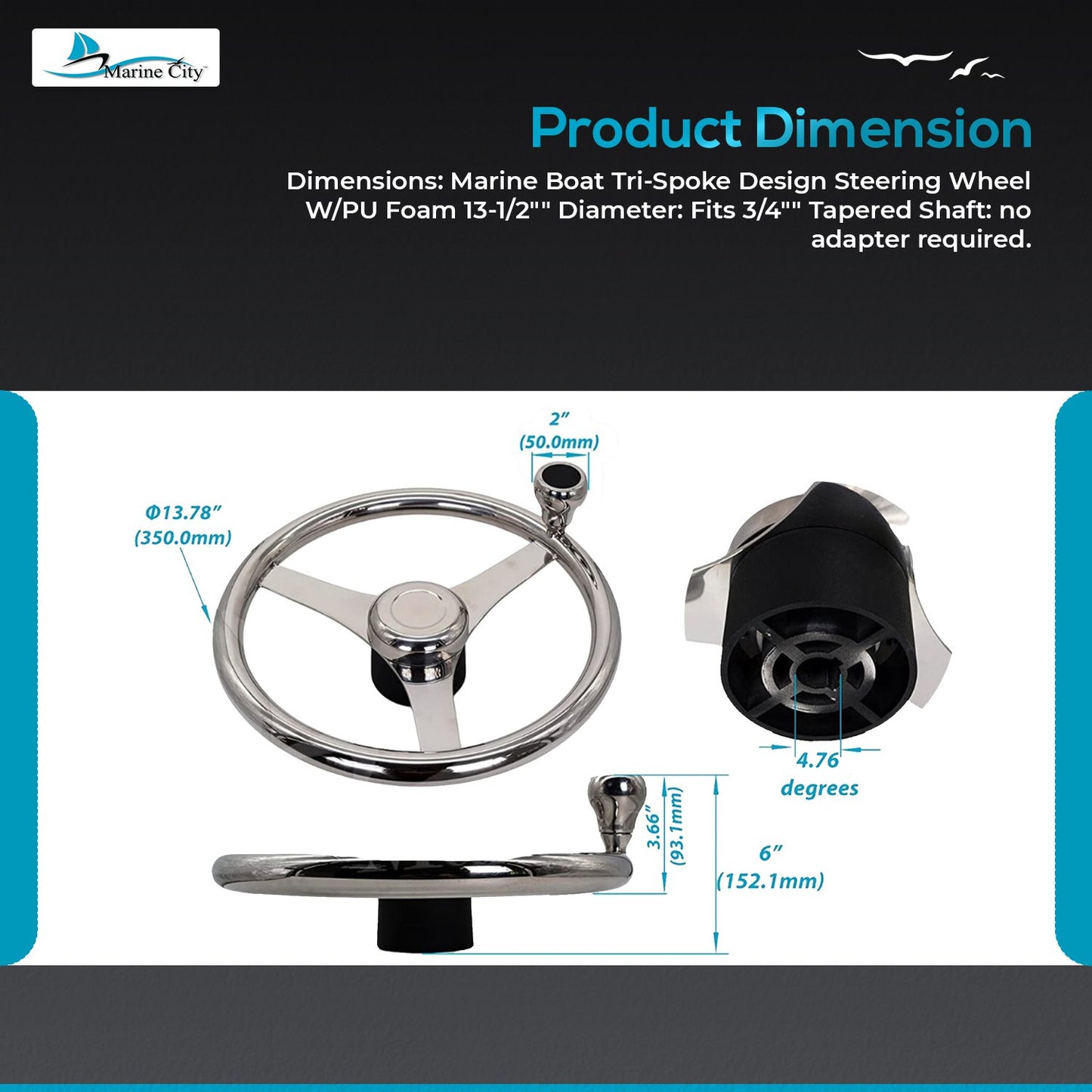 Marine City 13.5” 316 Stainless Steel 3-Spoke Sports Steering Wheel with Knob