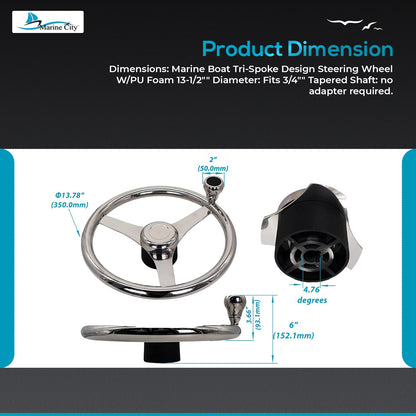 Marine City 13.5” 316 Stainless Steel 3-Spoke Sports Steering Wheel with Knob