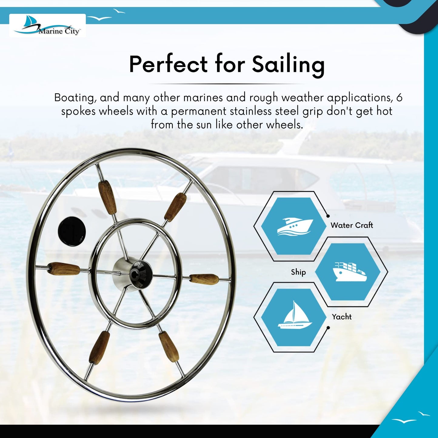 Marine City 6-Spoke Steering Wheel – 304 Stainless Steel, 24-Inch Diameter