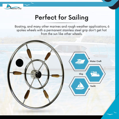 Marine City 6-Spoke Steering Wheel – 304 Stainless Steel, 24-Inch Diameter