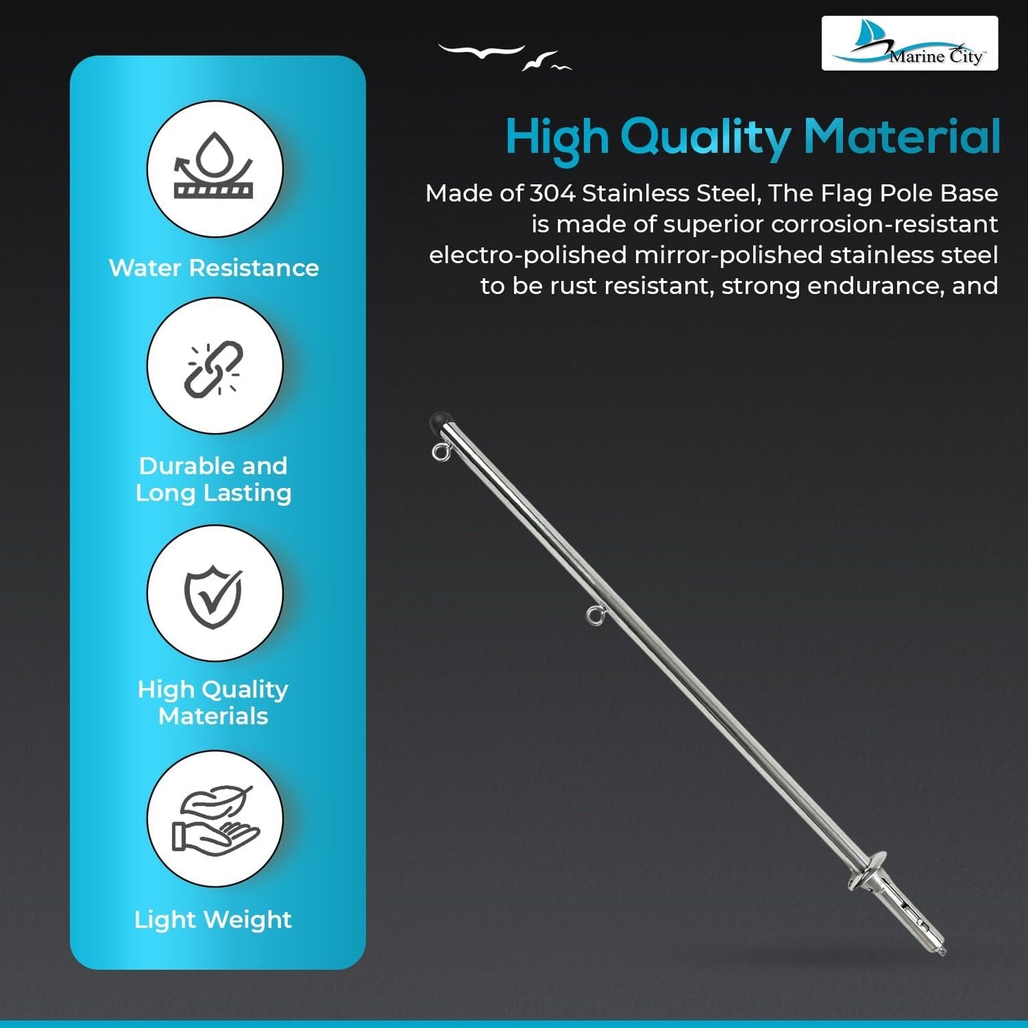 MARINE CITY 30-Inch Flag Stanchion with 304 Stainless Steel Spring Mounting Socket Marine City