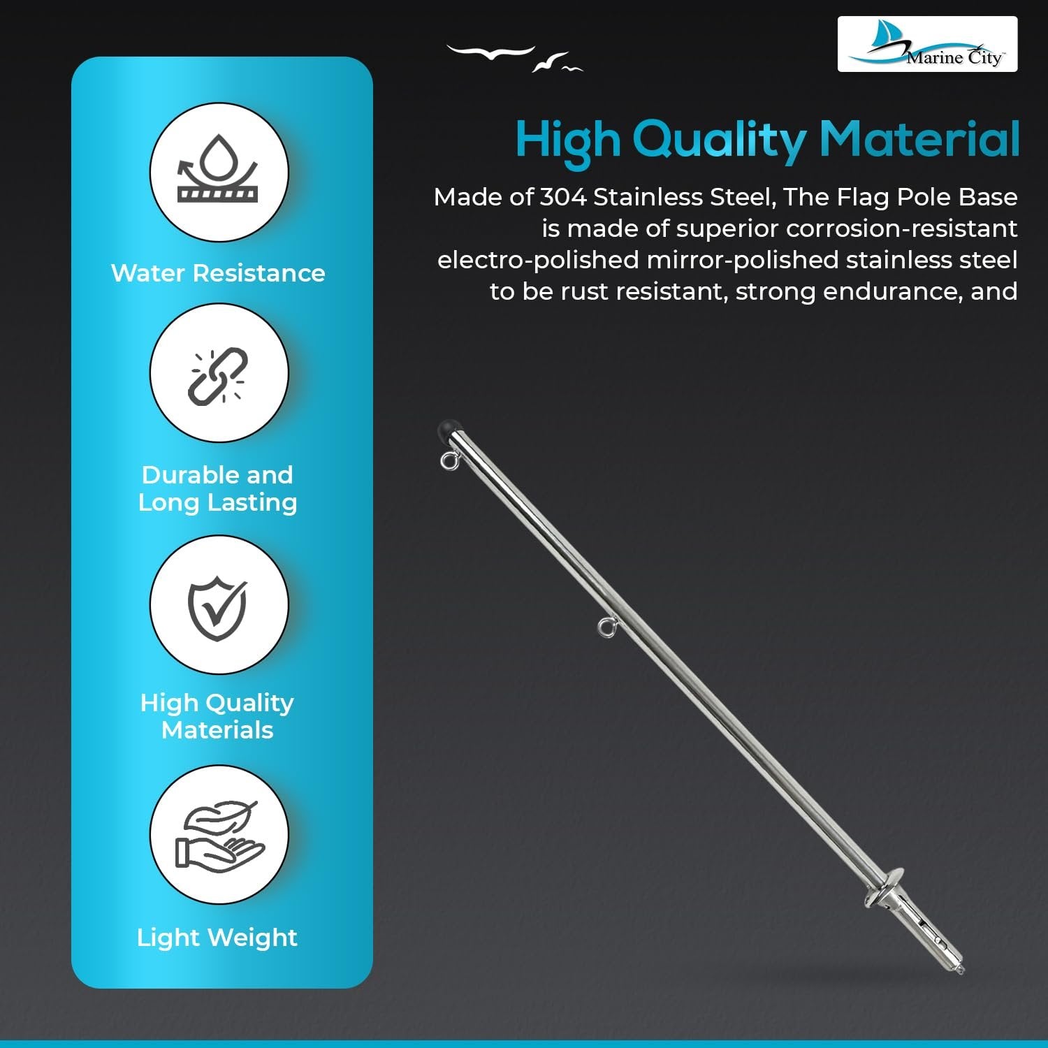 MARINE CITY 30-Inch Flag Stanchion with 304 Stainless Steel Spring Mounting Socket Marine City