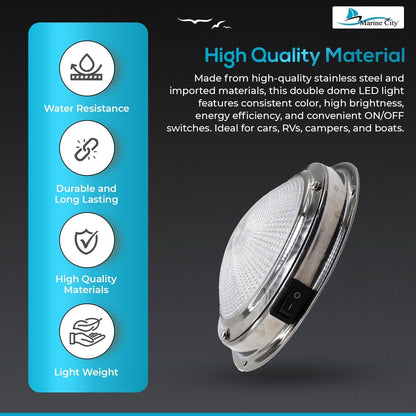 Marine City 304 Stainless Steel LED Dome Light 4” Lens, 12V, 3W, Water-Resistant Marine City