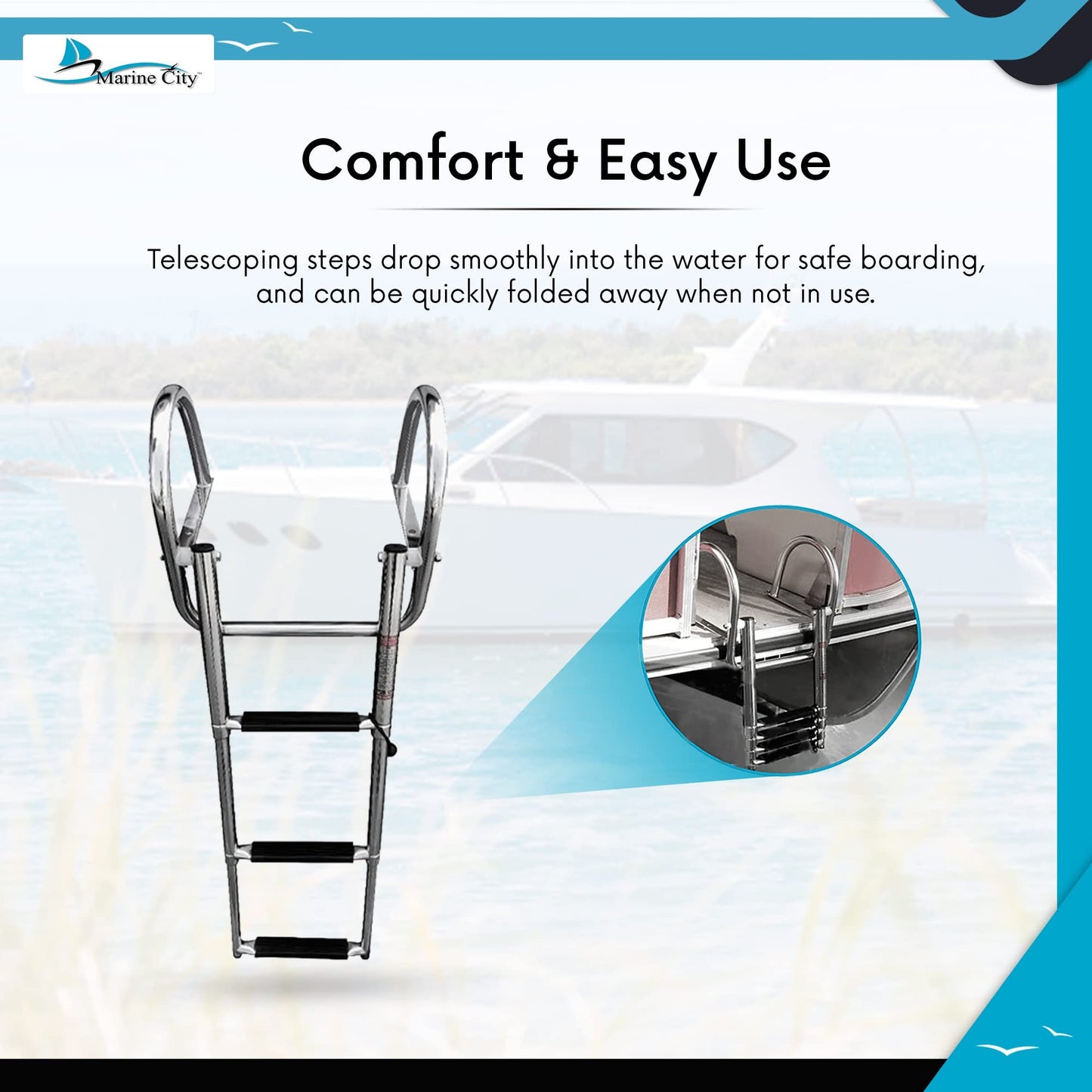 MARINE CITY Escalera telescópica plegable de acero inoxidable, resistente, duradera y resistente, para nadar sobre plataforma, escalera para barco de 3 escalones con cómodos pasamanos