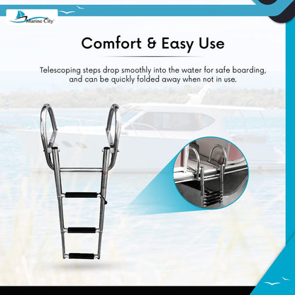 MARINE CITY Escalera telescópica plegable de acero inoxidable, resistente, duradera y resistente, para nadar sobre plataforma, escalera para barco de 3 escalones con cómodos pasamanos