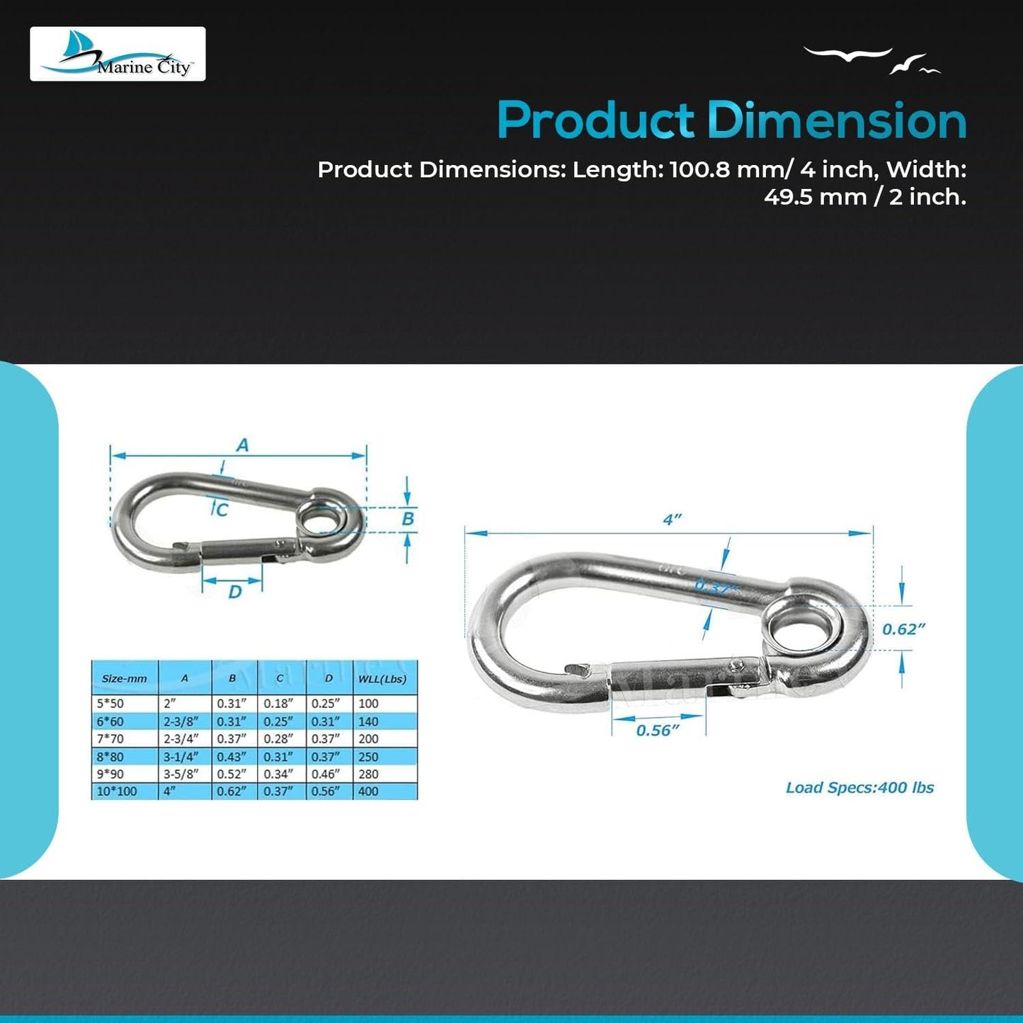 Marine City Carabiner Clip Snap Hook with Ring, Stainless Steel, 2-3/8" Durable MARINE CITY