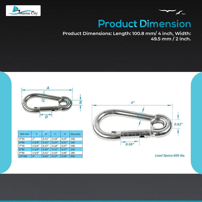 Marine City Carabiner Clip Snap Hook with Ring, Stainless Steel, 2-3/8" Durable MARINE CITY