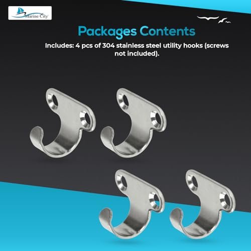 Marine City Light Duty Utility Hooks–304 Stainless Steel, 1-1/8" x 11/16"(4 Pcs) MARINE CITY