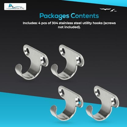 Marine City Light Duty Utility Hooks–304 Stainless Steel, 1-1/8" x 11/16"(4 Pcs) MARINE CITY