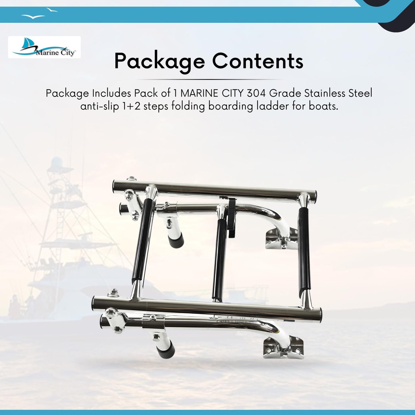 Marine City Escalera de embarque plegable de acero inoxidable para yates y barcos de grado marino de 1+2 escalones