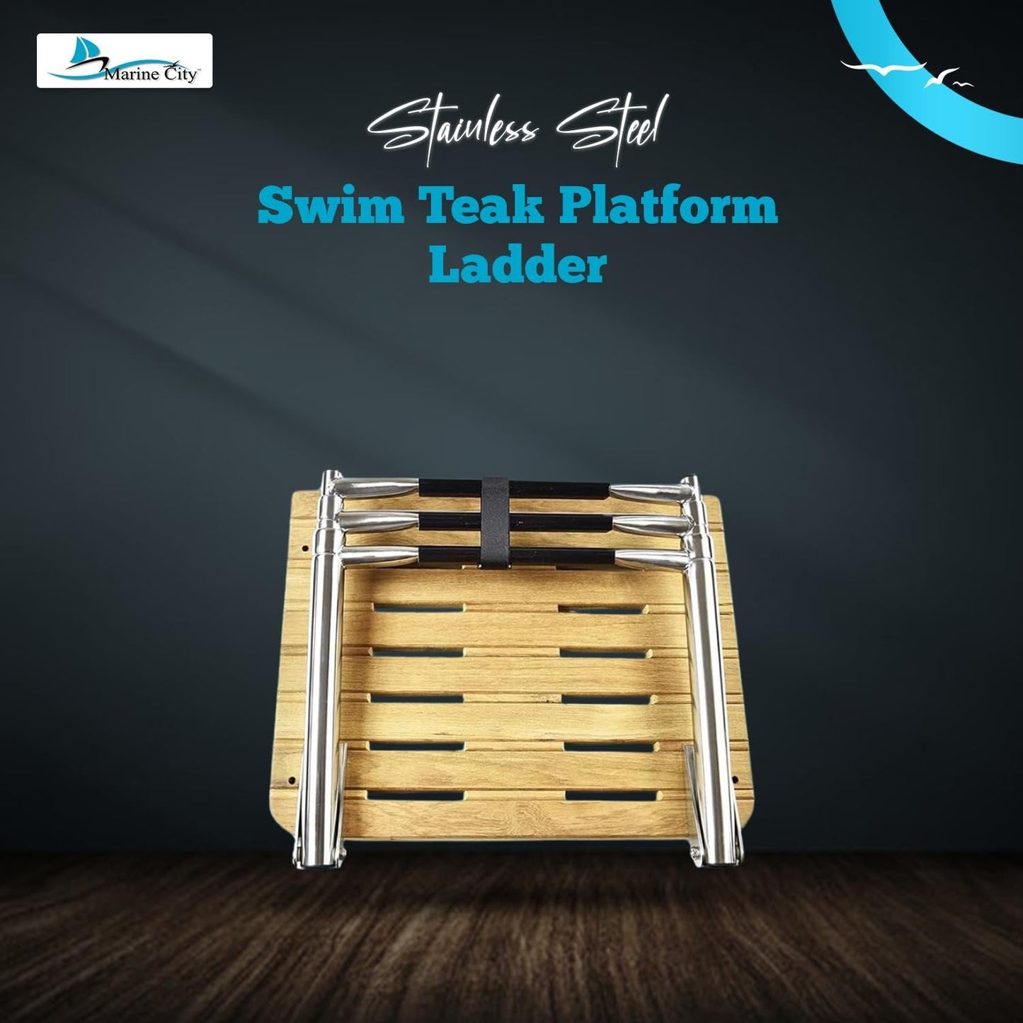 Marine City Stainless Steel Telescoping 3-Step O/B Swim Teak Platform Ladder Marine City Hardware