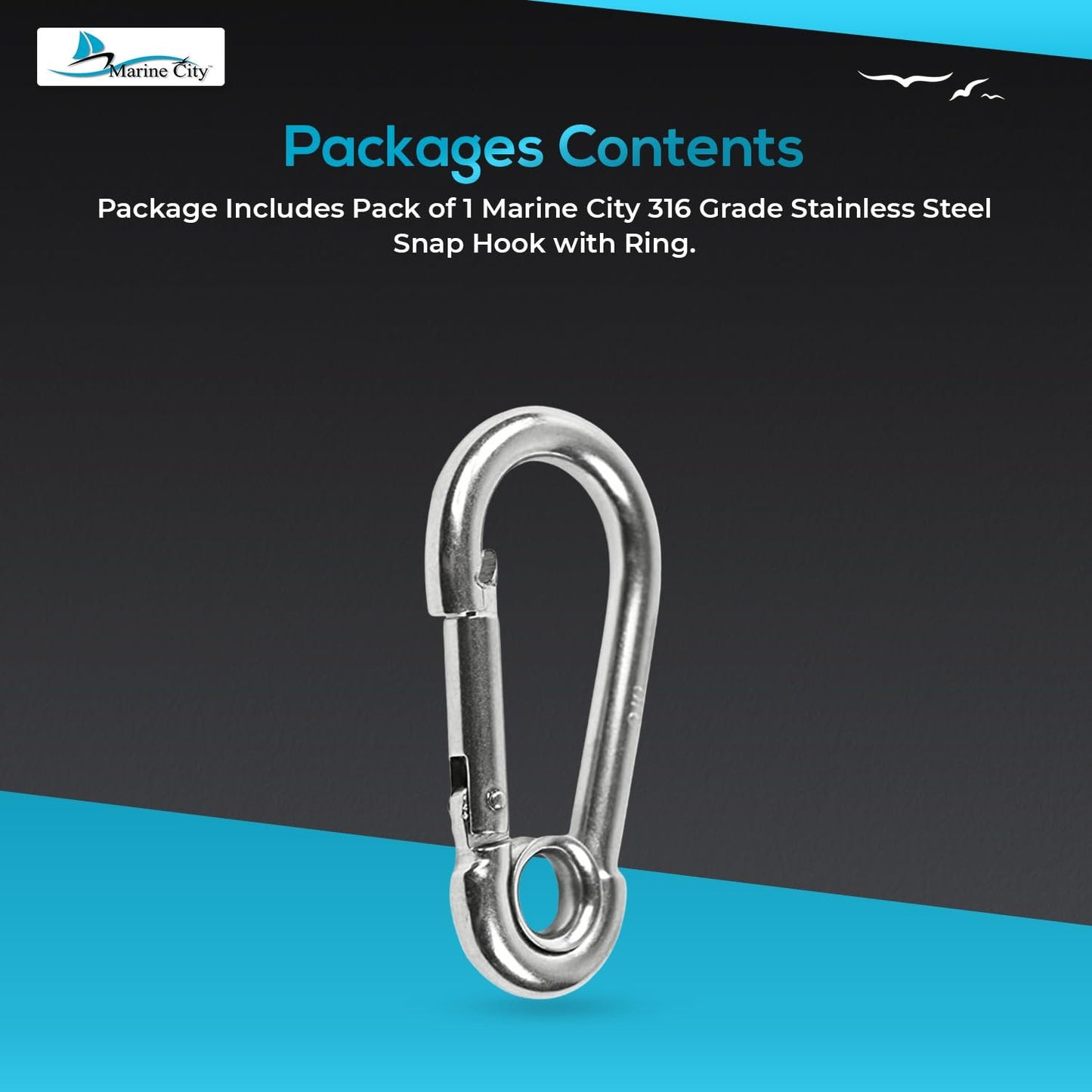 Marine City Carabiner Clip Snap Hook with Ring 2-3/4” Stainless Steel, Rustproof