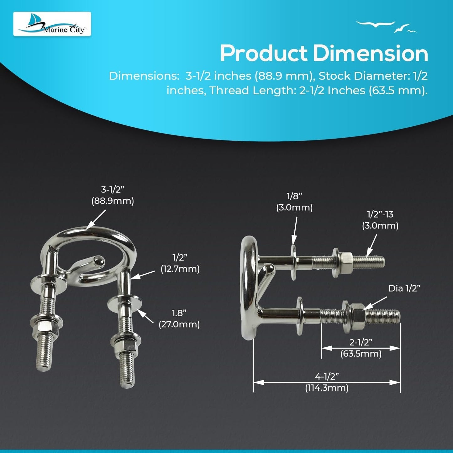 MARINE CITY Transom Mount Ski Tow Hook – 316 Stainless Steel, 3-1/2 Inches Ring Marine City