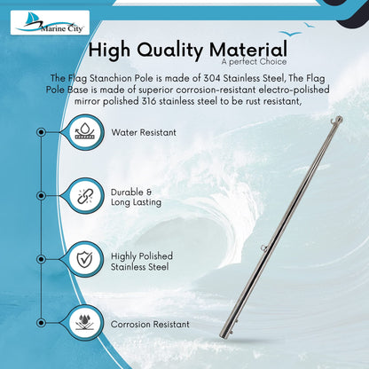 MARINE CITY 30-Inch Flag Stanchion Pole – 304 Stainless Steel, Rust-Resistant