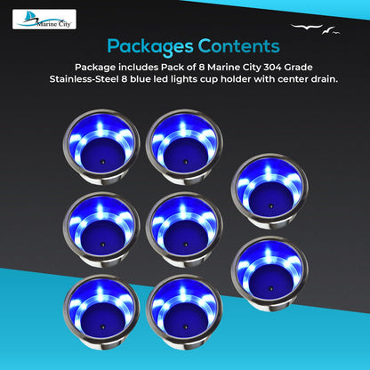 Marine City 8 Blue LED 12V Illuminated Stainless Steel Cup Holder with Drain