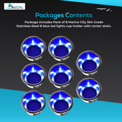 Marine City 8 Blue LED 12V Illuminated Stainless Steel Cup Holder with Drain