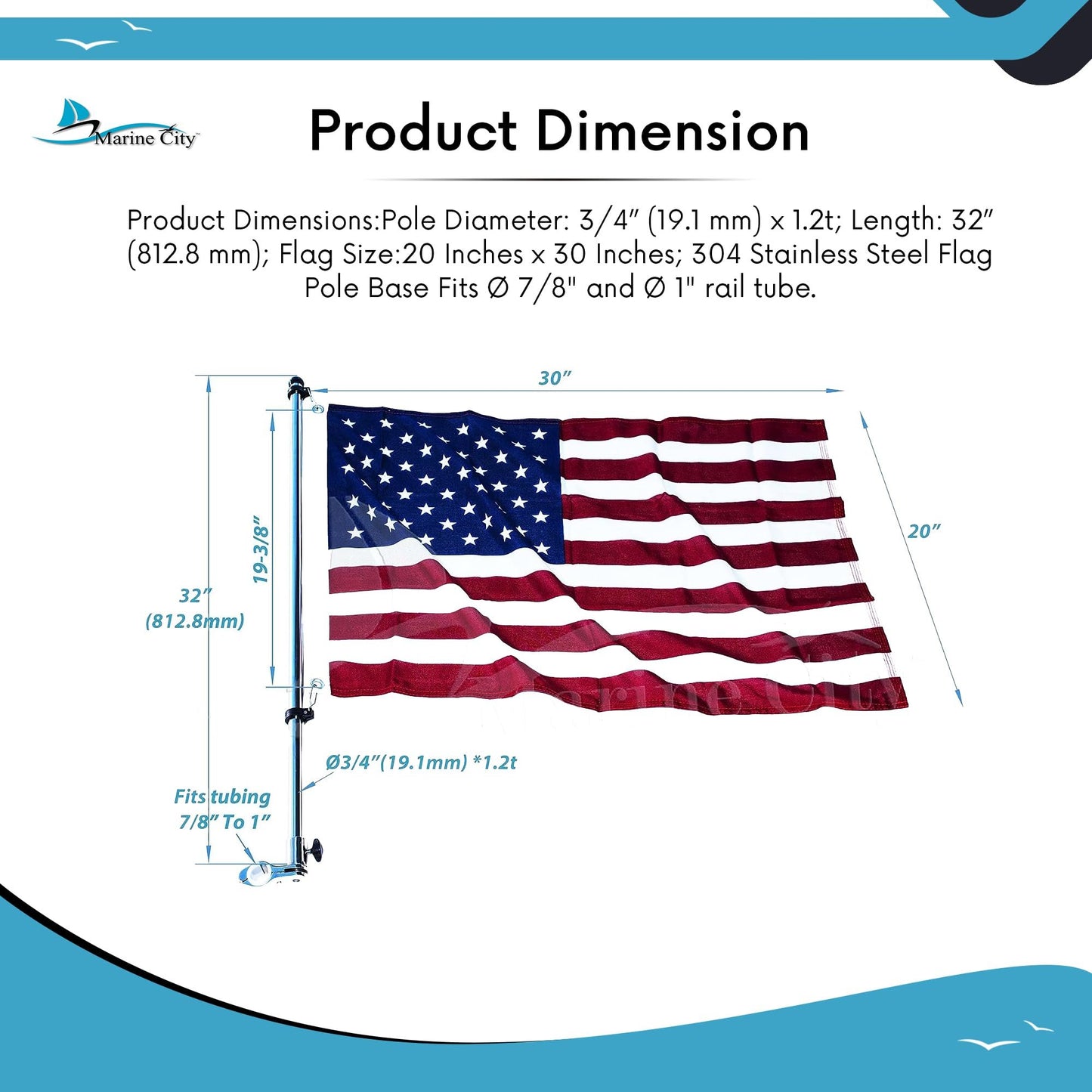 Marine City 32-Inch Flag Pole with 20x30” US Flag 304 Stainless Steel Rail Base