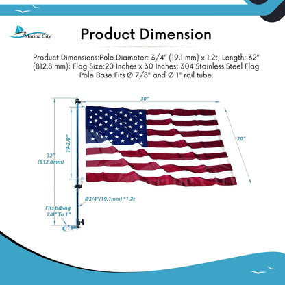 Marine City 32-Inch Flag Pole with 20x30” US Flag 304 Stainless Steel Rail Base
