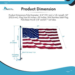 Marine City 32-Inch Flag Pole with 20x30” US Flag 304 Stainless Steel Rail Base