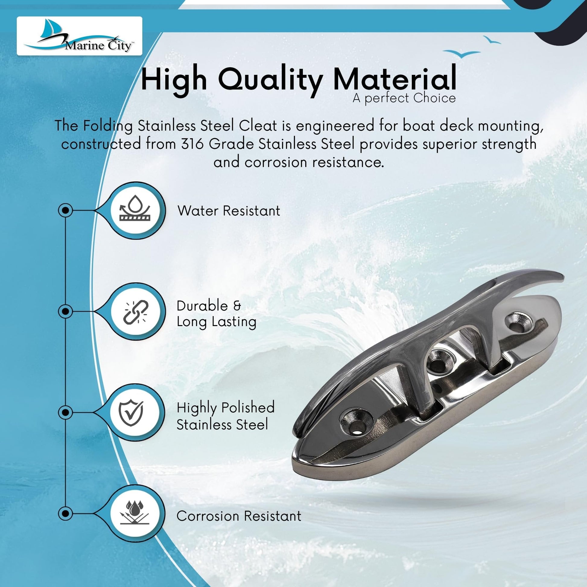 Marine City 6” Folding Cleat – 316 Stainless Steel Heavy Duty Deck Mount Marine City