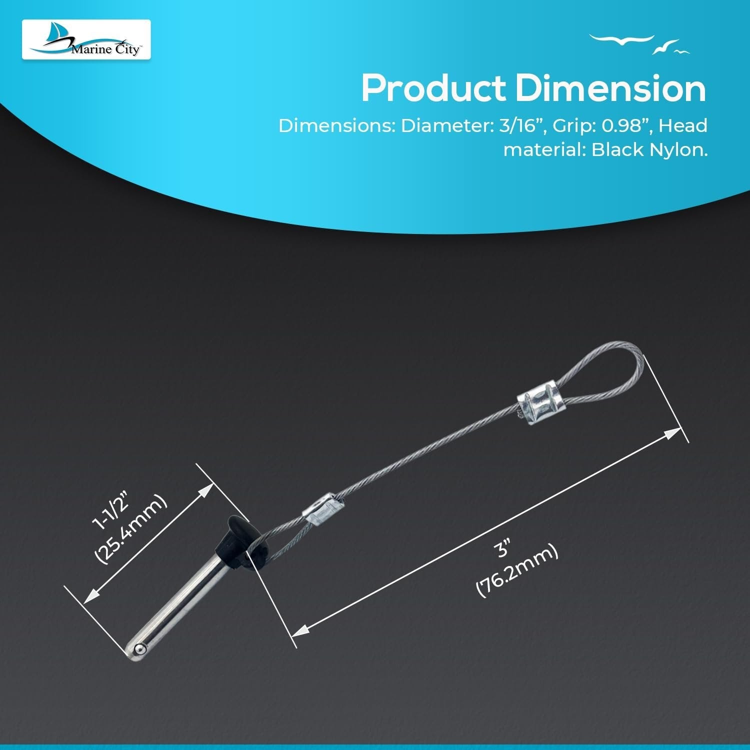 MARINE CITY Pull Pin & Lanyard with Nylon Knob – 3/16" Stainless Steel (2 Pcs) Marine City Hardware