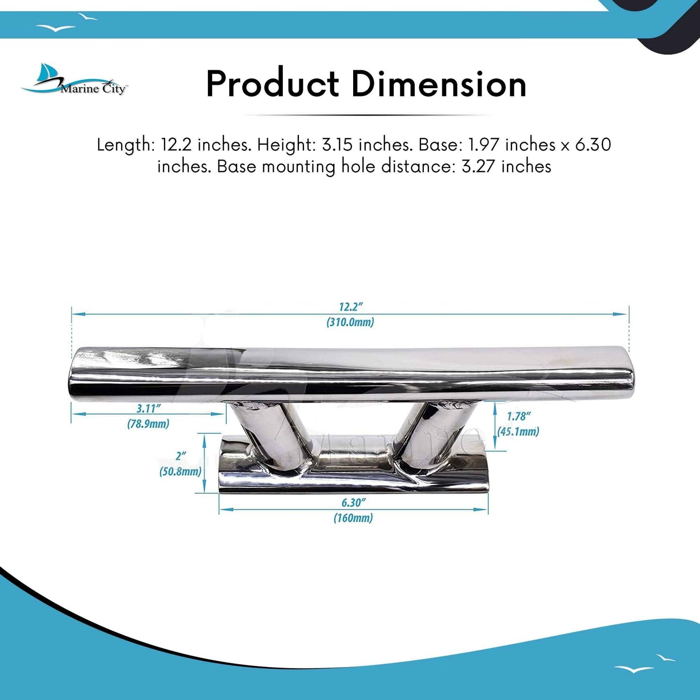 Marine City Taco de amarre elegante de acero inoxidable 316 resistente de 12 pulgadas con base curva para barco marino, caravana, automóvil, remolque, vela