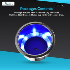 Marine City 8 Blue LED 12V Illuminated Stainless Steel Cup Holder with Drain