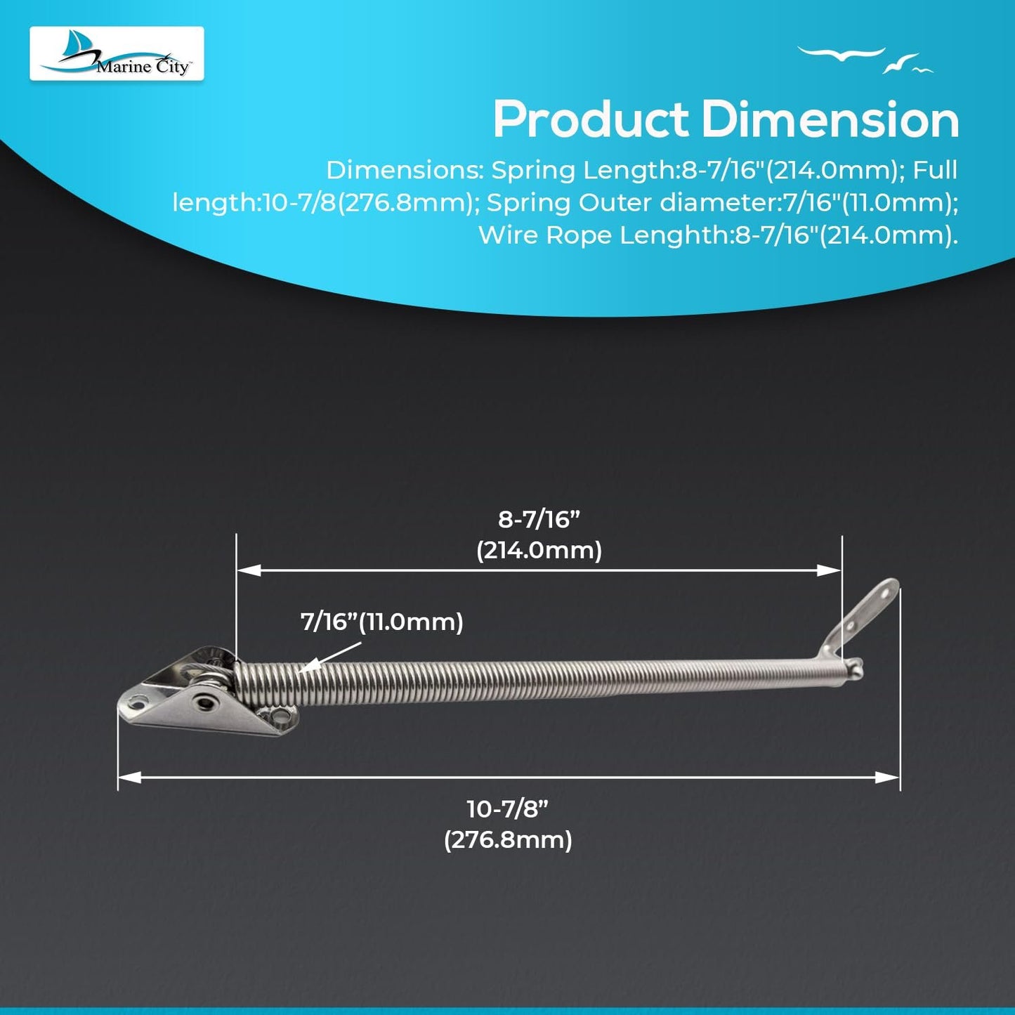 Marine City Ajustador de resorte de escotilla de servicio pesado marino de acero inoxidable 304 con perno en U y placa en forma de L 8-7/16"(214,0 mm)