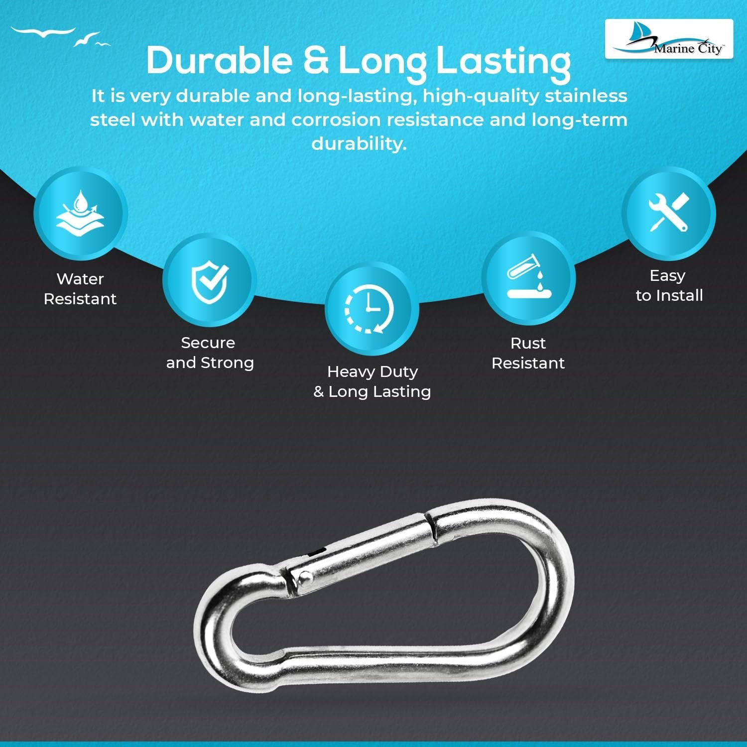 Marine City Carabiner Clip Snap Hook, 316 Stainless Steel, 3-1/2 Inches, Durable MARINE CITY