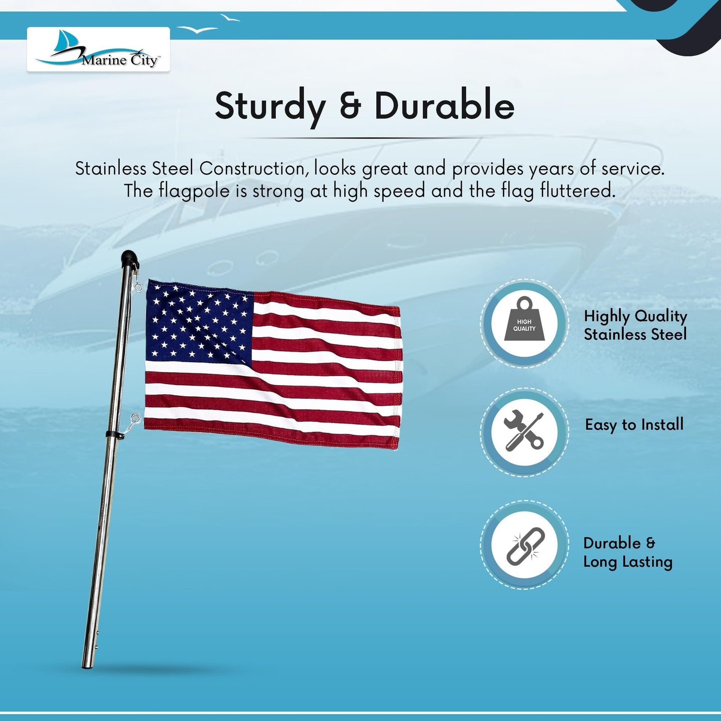 Marine City 32” Flag Stanchion Pole, Stainless Steel with 316 Base, Adjustable MARINE CITY