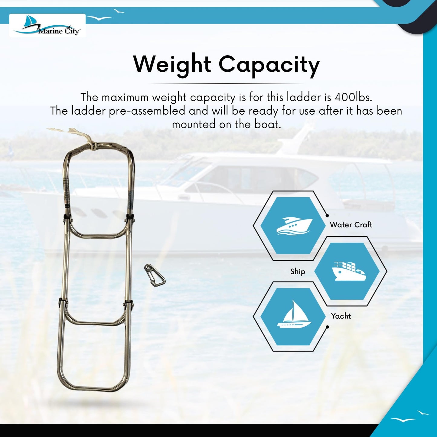 MARINE CITY Escalera plegable de 3 escalones de acero inoxidable de grado 304 con cuerda para marines – Barcos – Yates – Accesorios (paquete de 1)
