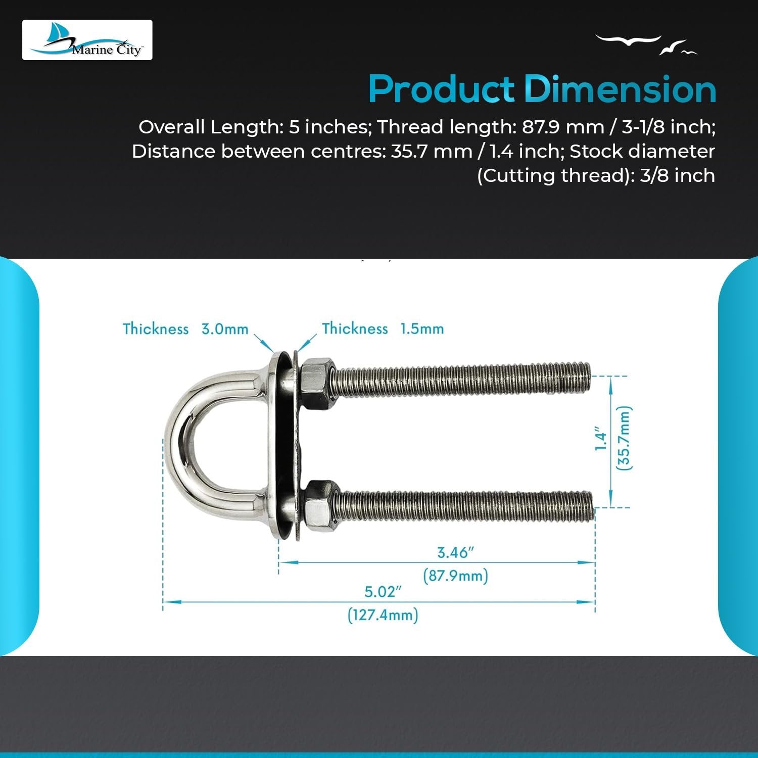 Marine City 3/8" Bow Eye U-Bolt with Welding Plate–304 Stainless Steel 5" Length Marine City