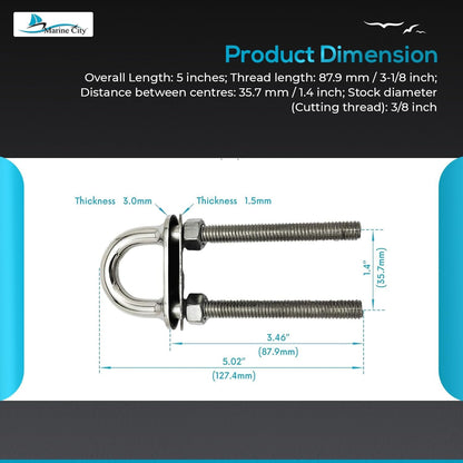 Marine City 3/8" Bow Eye U-Bolt with Welding Plate–304 Stainless Steel 5" Length Marine City
