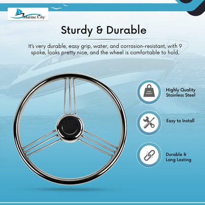 Marine City 316 Stainless Steel Steering Wheel 9 Spoke – 13-1/2” Diameter