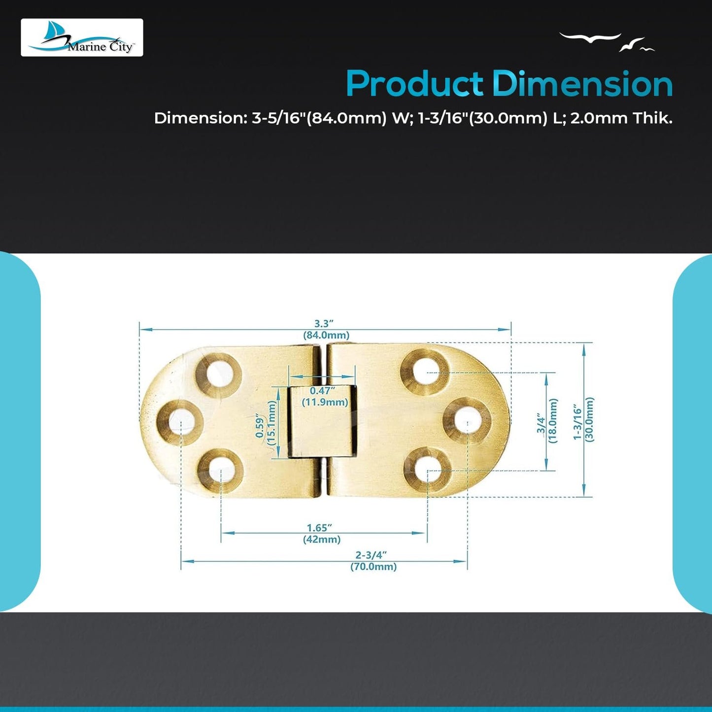 Marine City Hidden Hatch Hinges – Brass 180° Flush Mount, 2-13/16” (Pack of 2)
