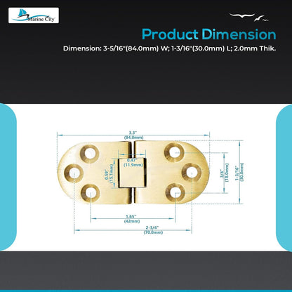 Marine City Hidden Hatch Hinges – Brass 180° Flush Mount, 2-13/16” (Pack of 2)