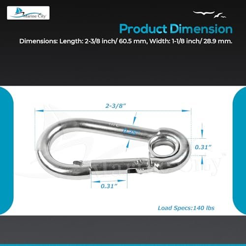 MARINE CITY 316 Mosquetones de acero inoxidable de 2-3/8 pulgadas/gancho de presión con anillo para escalada, pesca, senderismo