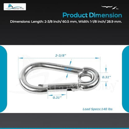 MARINE CITY 316 Mosquetones de acero inoxidable de 2-3/8 pulgadas/gancho de presión con anillo para escalada, pesca, senderismo