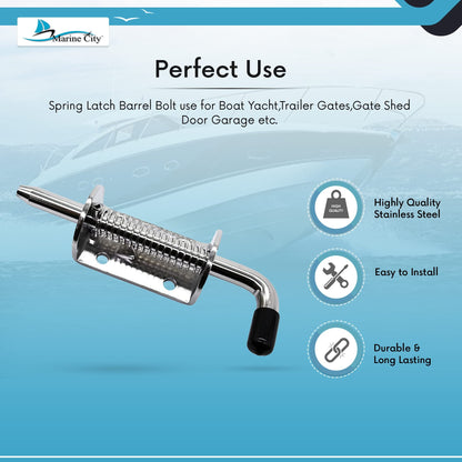 Marine City 6 Inch Spring Latch Barrel Bolt with Cradle – 304 Stainless Steel