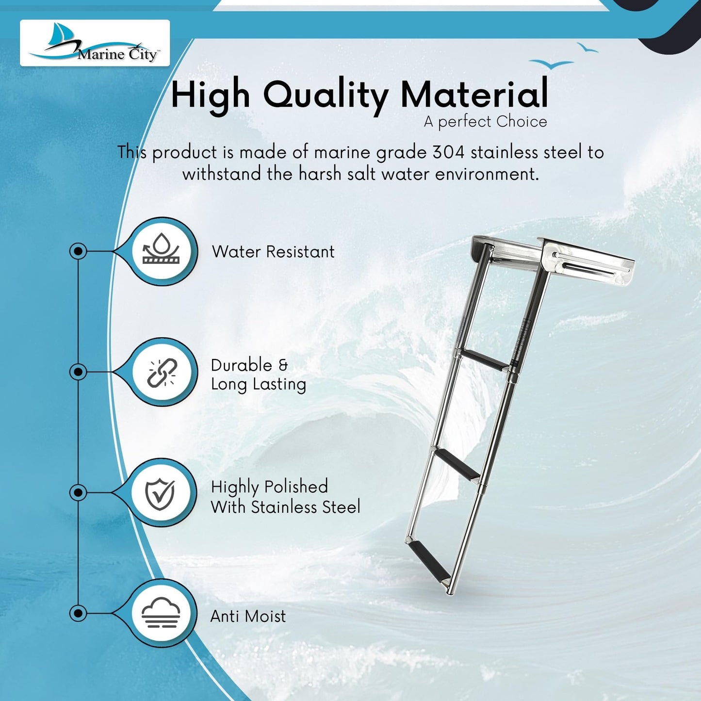 MARINE CITY 3-Step Telescoping Swim Platform Ladder – 304 Stainless Steel Marine City Hardware